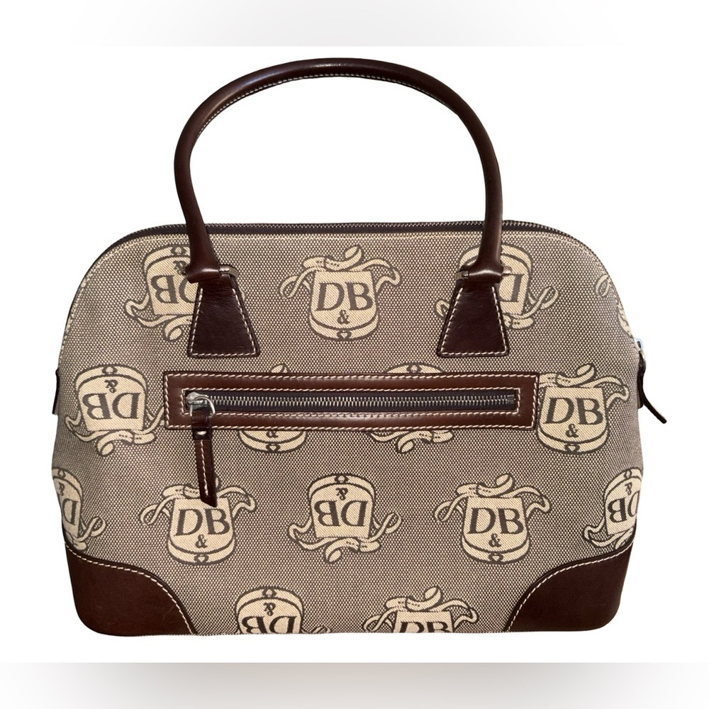 Dooney & Bourke DB Monogram Satchel Bag Brown Leather Trim Canvas&Coin Pouch - Picture 2 of 11
